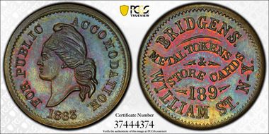 1863 Token F-630J-1b Brass PE Bridgens MS64