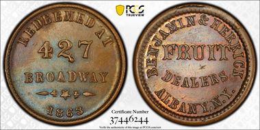 1863 Token F-10A-4a Copper PE Benjamin & Herrick MS62BN