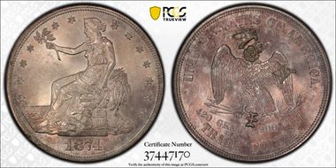 1874-S T$1 Chopmarked MS62