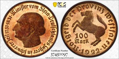 1922 100 Mk Jaeger-N14 Var  Non-plated Copper MS65RB