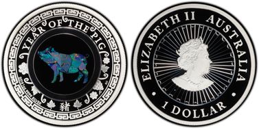 2019-P $1 Year of the Pig Opal Ag PR69DCAM