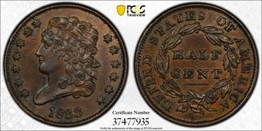 1833 1/2C AU58BN