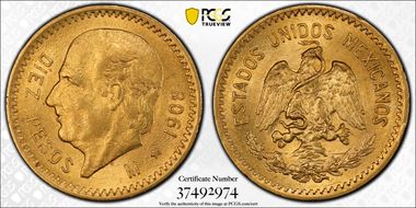 1908-M 10 Peso KM-473  Au MS62