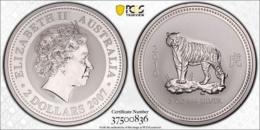 2007 $2 Year of the Tiger 2010  2oz Ag MS69
