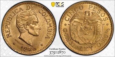 1925 5 Peso Restrepo-455.4 w/o Bar MFDELLIN MS64
