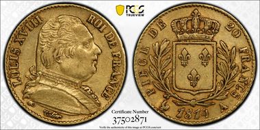 1814-A 20 Fr Gad-1026 Louis XVIII F-517 AU50