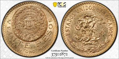 1918 20 Peso KM-478  Au AU58