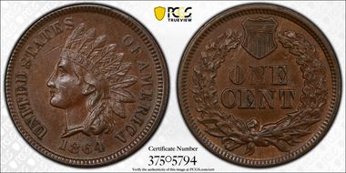 1864 1C L on Ribbon AU53BN