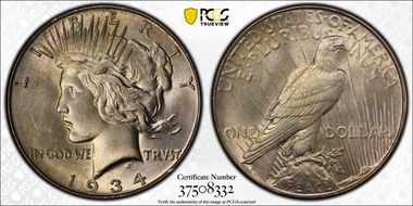 1934 $1 VAM 1A, Obv Die Scratch MS64