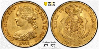1862 100 R 6 Pt. Star Madrid KM-605.2  Au MS63