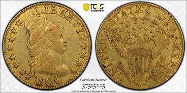 1806 $5 Pointed 6, 8X5 Stars AU50