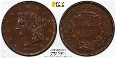 1839 1C N-10 Booby Head MS63+ BN