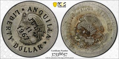 1967 $1 X-2 C/M on Mex 5 Peso AU50