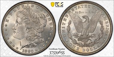 1880 $1 VAM 9, 8/7 Stem MS64