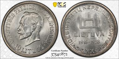 1938 10 Litu Republic  ↑↑ KM-84 Ag MS64