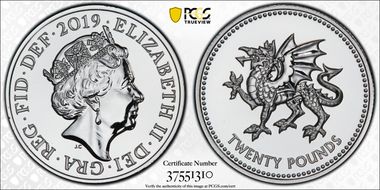 2019 £20 Red Dragon of Wales Queen's Beasts Ag MS68