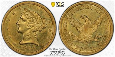 1843-D $5 Medium D AU58