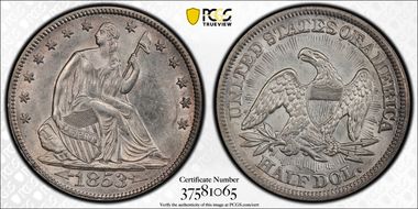 1853 50C Arrows & Rays AU58