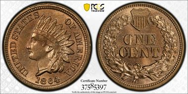 1864 1C Copper-Nickel MS65