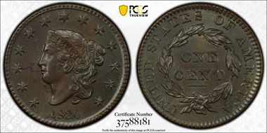 1830 1C N-6 Medium Letters AU58+ BN