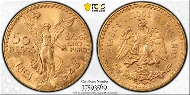 1945 50 Peso KM-481  Au MS66+