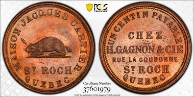 (c.1885) Token BR-571 Quebec, Short Branch Jacques Cartier House MS65RB