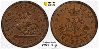 1857 Tkn 1D Bank of Upper Canada PC-6D MS63BN