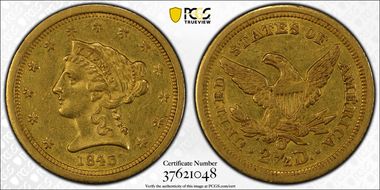 1843-O $2.50 Small Date AU50