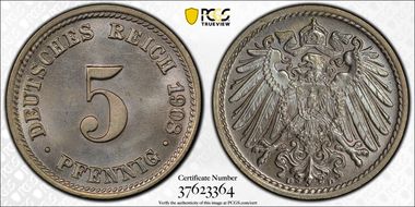 1908-D 5 Pfg J-12 MS65