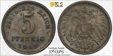 1919-D 5 Pfg J-297 MS63