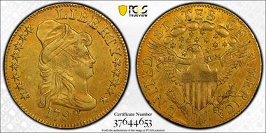 1798 $5 Large 8, 13 Star Reverse AU50