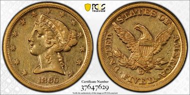 1860-D $5 Medium D AU53