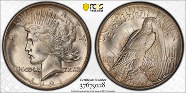 1921 $1 High Relief, Peace MS65+