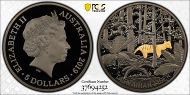 2019 $5 Tasmanian Tiger Echoes of Australian Fauna PR70DCAM