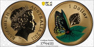 2011 $1 Cairns Birdwing Butterfly Al-Bronze Colorized MS67