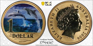 2006 $1 Dolphin Al-Bronze Colorized MS68