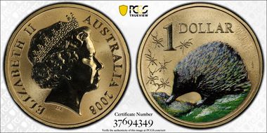 2008 $1 Echidna Al-Bronze Colorized MS68