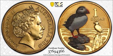 2013 $1 Puffin Al-Bronze Colorized MS68