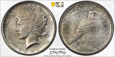 1921 $1 High Relief, Peace MS65+