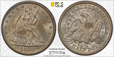 1853 50C Arrows & Rays MS64