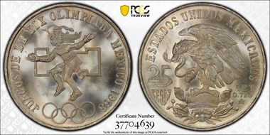 1968-Mo 25 Peso Olympic KM-479.1 Rings Align, Straight Tongue MS68