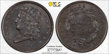1834 1/2C MS65BN