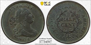 1804 1/2C C-13, Plain 4, No Stems AU58BN