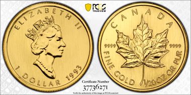 1993 $1 Maple Leaf/Au MS69