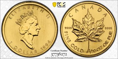 1994 $1 Maple Leaf/Au MS66