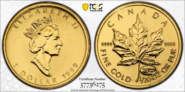 1999 $1 Maple Leaf Au 20 Years ANS Privy MS69