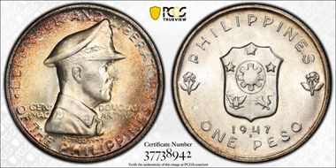 1947-S Peso Douglas MacArthur KM-185  Ag MS65