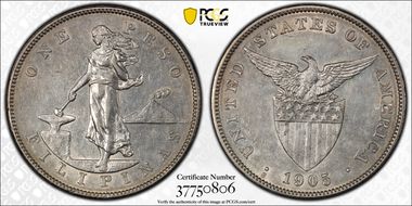 1905-S Peso Allen-16.06a Straight Serif AU55