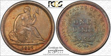 1837 10C Seated, Small Date AU58+