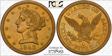 1843-O $5 Large Letters AU55